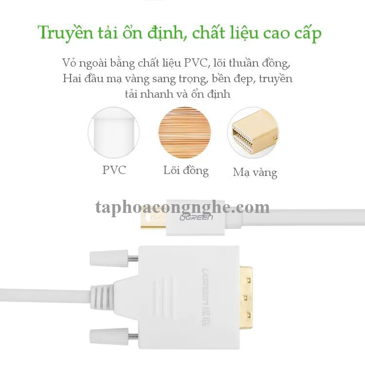 Ugreen 10425 3M Màu Trắng Cáp chuyển đổi Mini DP sang DVI 24 + 1 hỗ trợ phân giải 1080P MD102 30010425